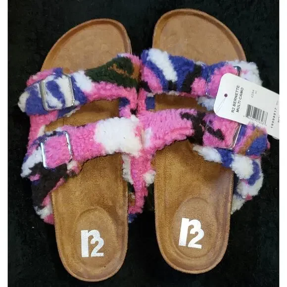 R2 Bernette Multi Color Fuzzy Slip On Sherpa Strap Faux Suede Camo Sandals 9 New - Picture 1 of 5